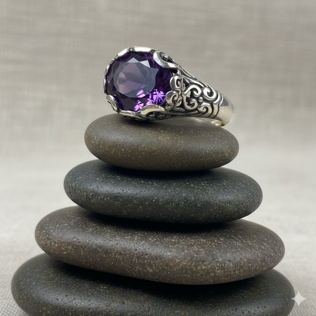Deep Purple Faceted Amethyst Ring, Vintage Carving - Thumbnail 2